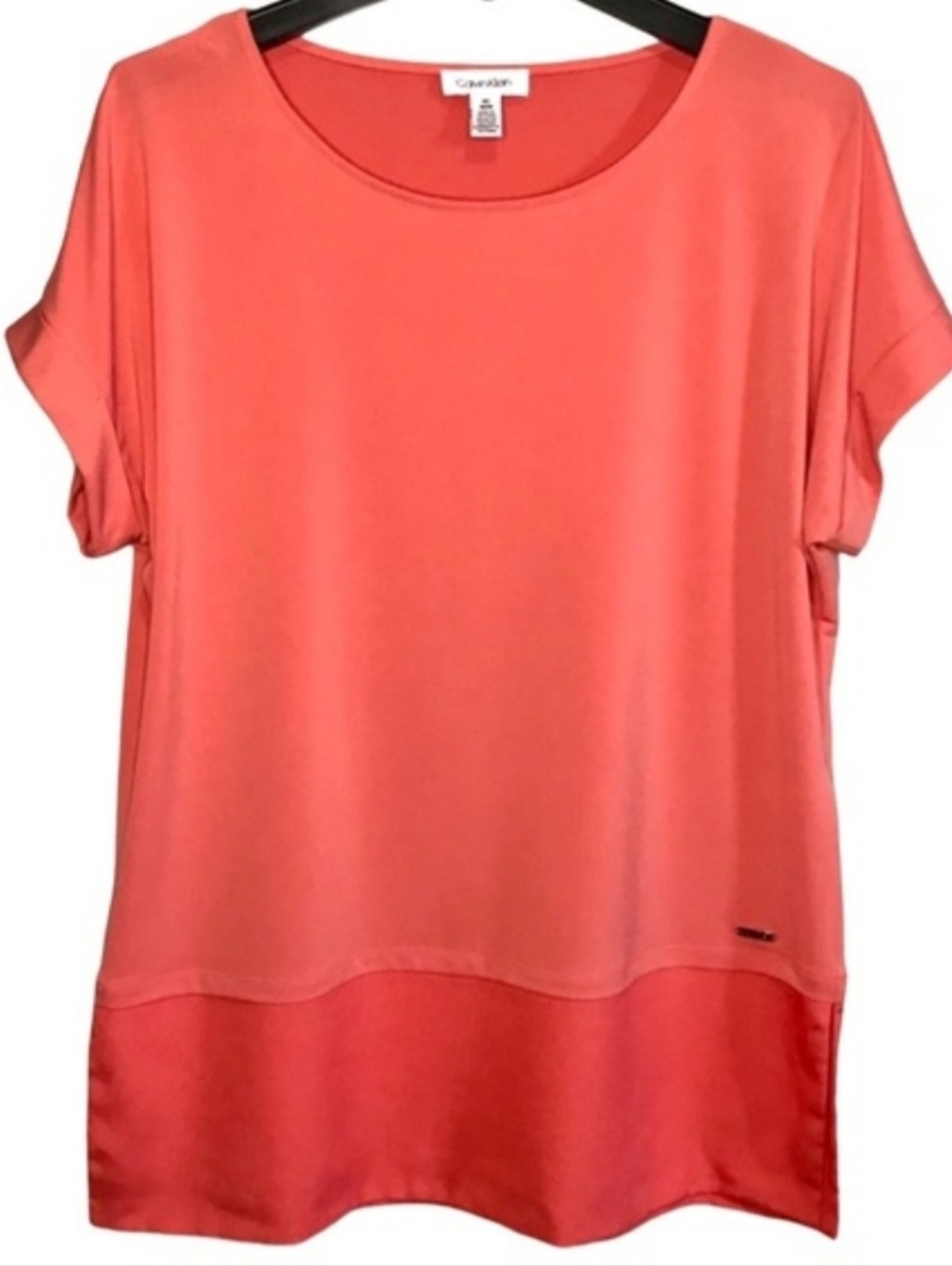 Calvin Klein Womens Blouse, Coral, Short Sleeve, Crew Neck, Large
